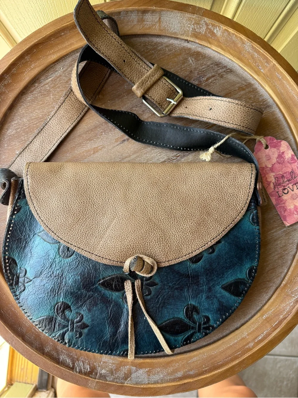 Two-Tone Teal and Tan Floral Leather Crossbody Bag
